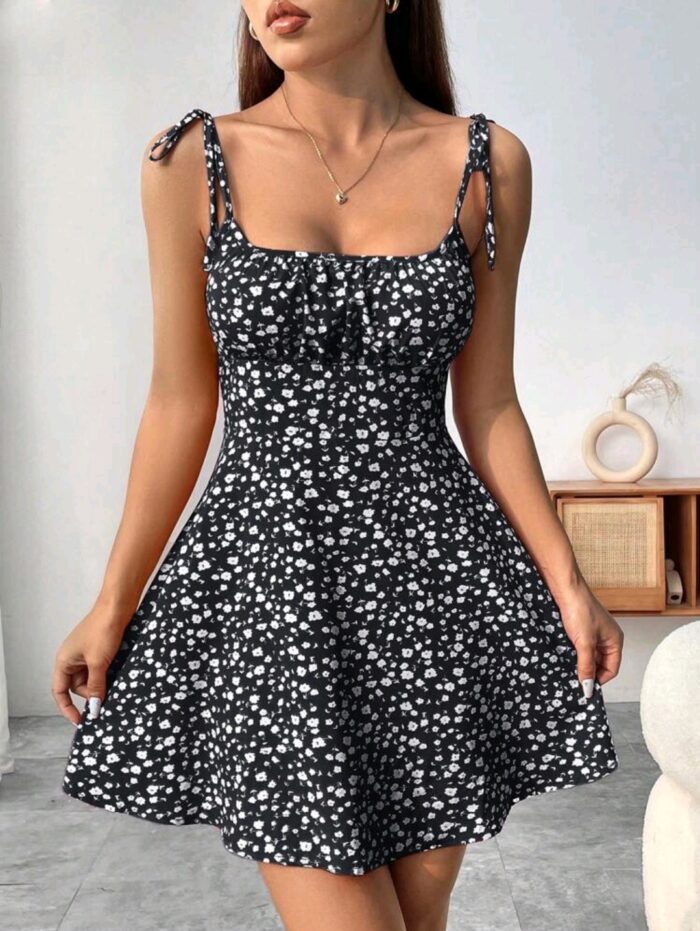 Breezaya Floral Print Shoulder Tie Strap Midi Dress