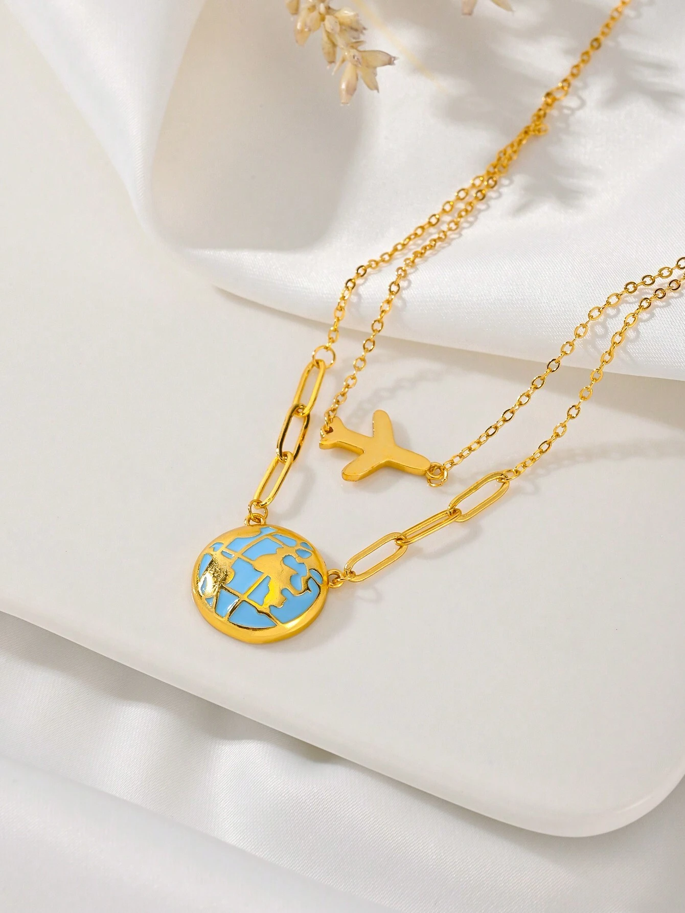 Double-Layer Stainless Steel Exquisite Earth And Aircraft Layered Necklace For Women - Image 4