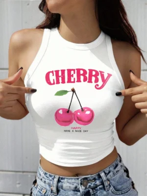 SHEIN EZwear Casual Cherry Print Slim Fit Round Neck Tank Top