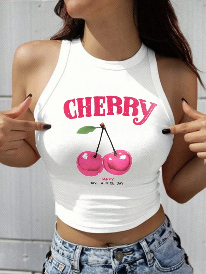 SHEIN EZwear Casual Cherry Print Slim Fit Round Neck Tank Top