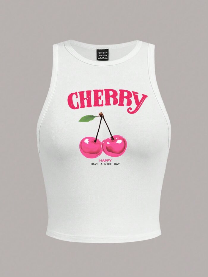 SHEIN EZwear Casual Cherry Print Slim Fit Round Neck Tank Top - Image 3