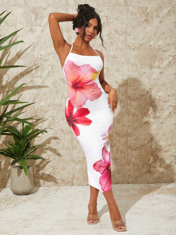SHEIN SXY Knit Backless Criss-Cross Floral Print Long Dress