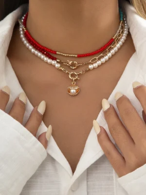 3pcs Faux Pearl Decor Shell Charm Necklace