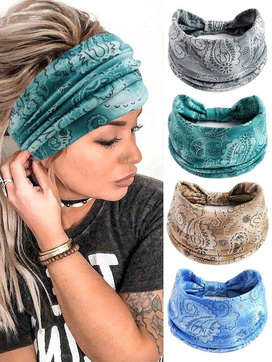 4pcs Bohemia Style Paisley Print Hair Band For Running Anti-Sweat Headbands