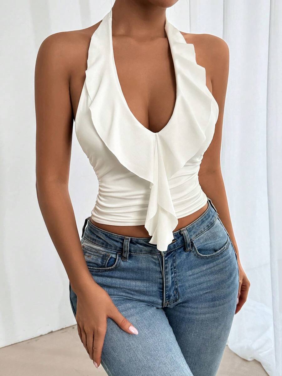Allurite Women's Summer Solid Color Splice Ruffle Trim Slim-Fit Halter Neck Tank Top