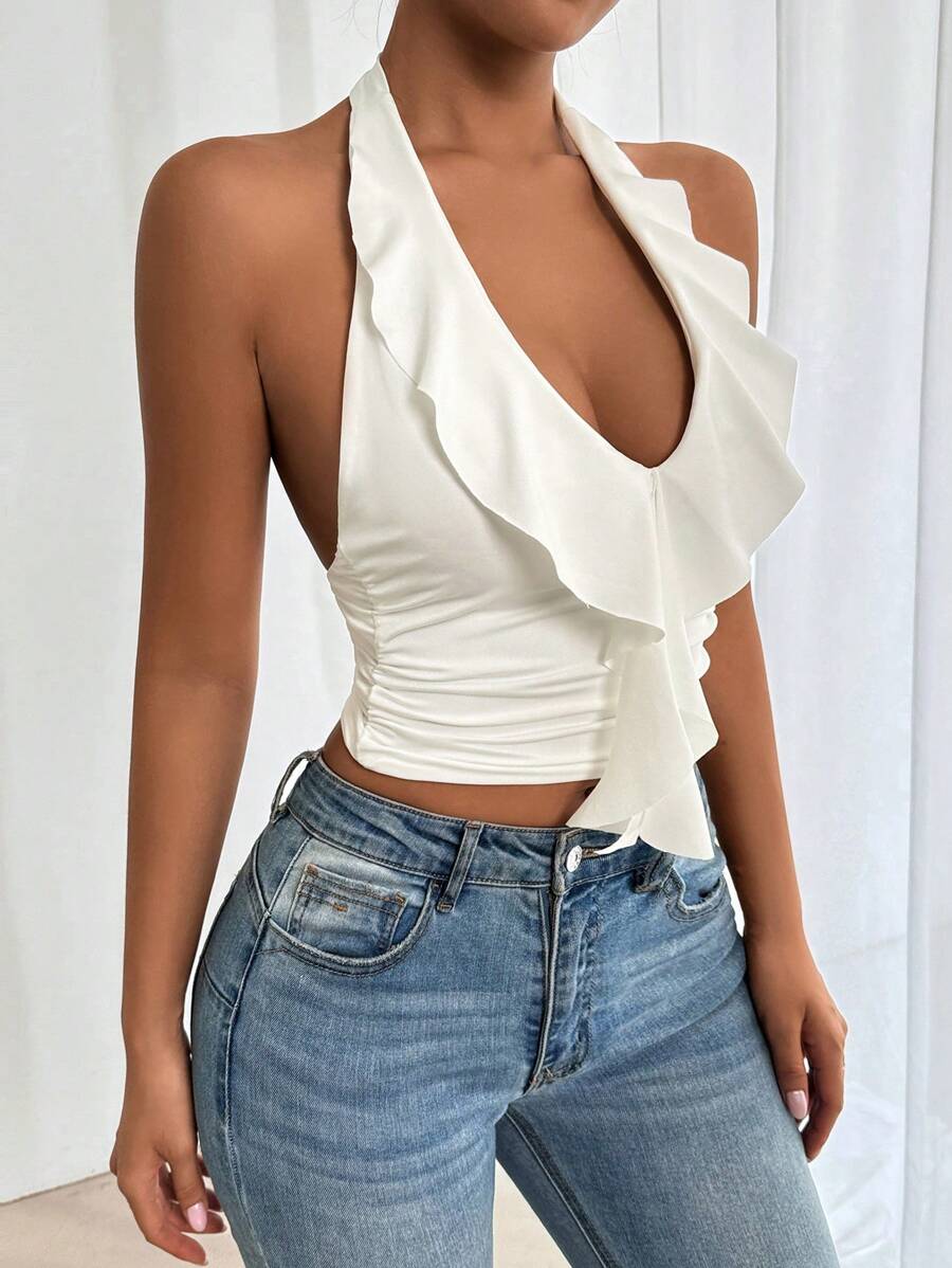 Allurite Women's Summer Solid Color Splice Ruffle Trim Slim-Fit Halter Neck Tank Top - Image 3