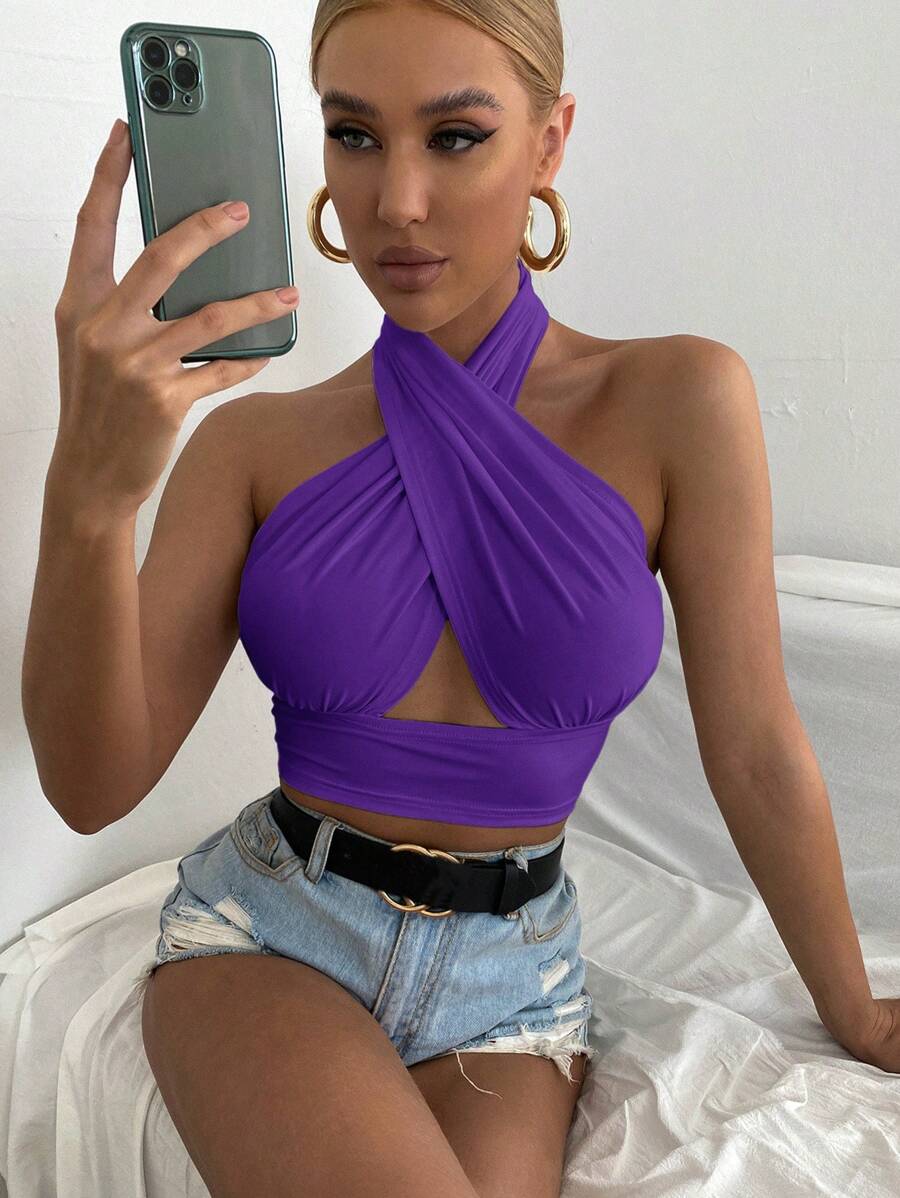 SHEIN BAE Women's Plain Solid Color Hollow Out Cross Straps Halter Neck Tank Top
