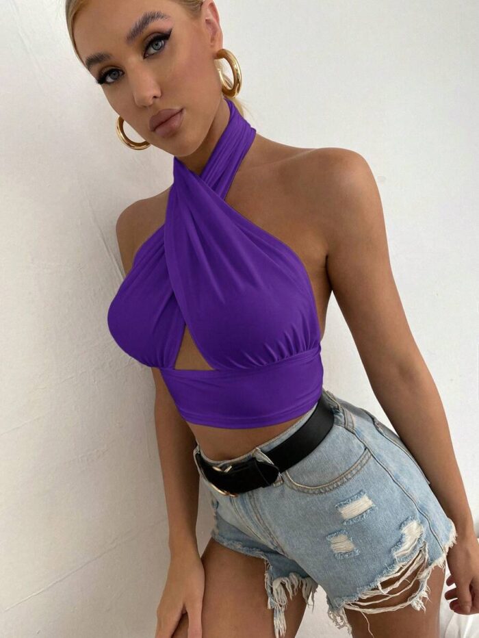 SHEIN BAE Women's Plain Solid Color Hollow Out Cross Straps Halter Neck Tank Top - Image 3