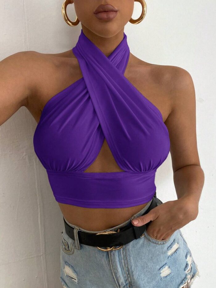 SHEIN BAE Women's Plain Solid Color Hollow Out Cross Straps Halter Neck Tank Top - Image 5