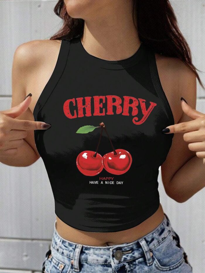 SHEIN EZwear Women's Black Cherry Print Crop Tank Top: Cute & Casual Summer Style