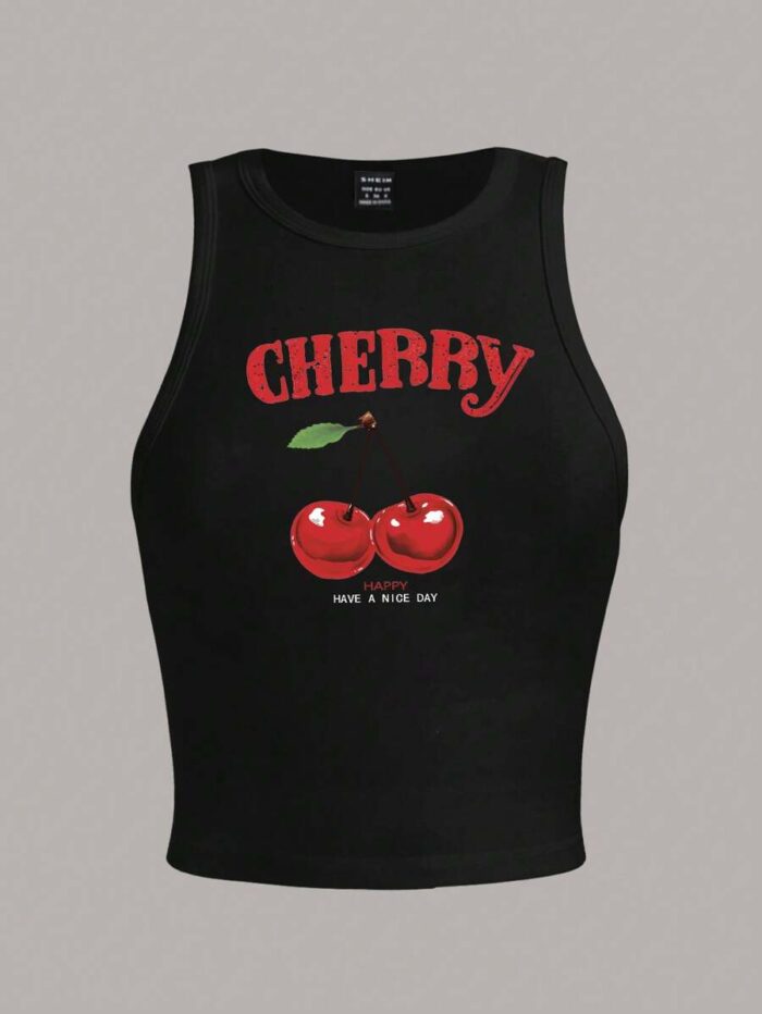 SHEIN EZwear Women's Black Cherry Print Crop Tank Top: Cute & Casual Summer Style - Image 3