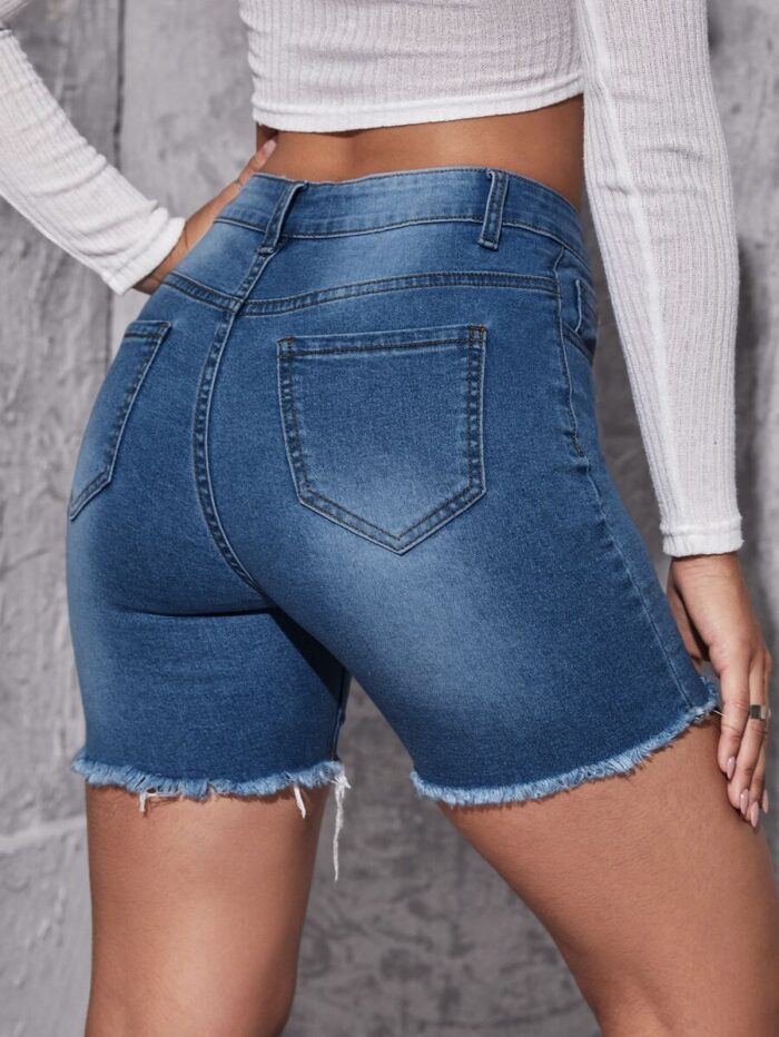 SHEIN Essnce Ripped Raw Hem Denim Shorts - Image 2