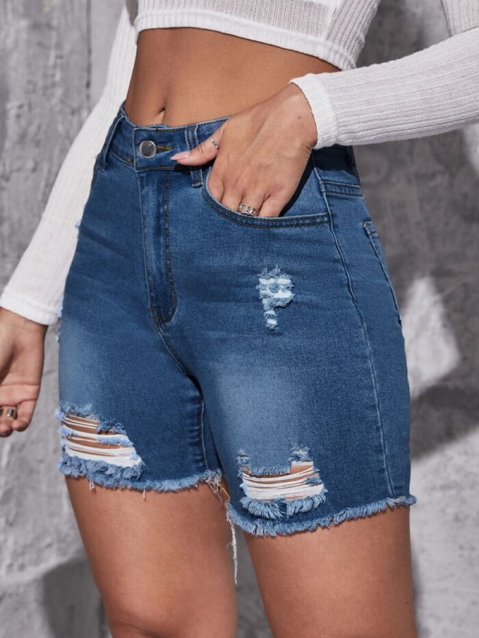 SHEIN Essnce Ripped Raw Hem Denim Shorts - Image 4