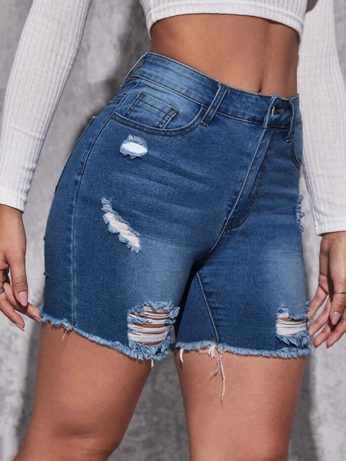 SHEIN Essnce Ripped Raw Hem Denim Shorts - Image 5