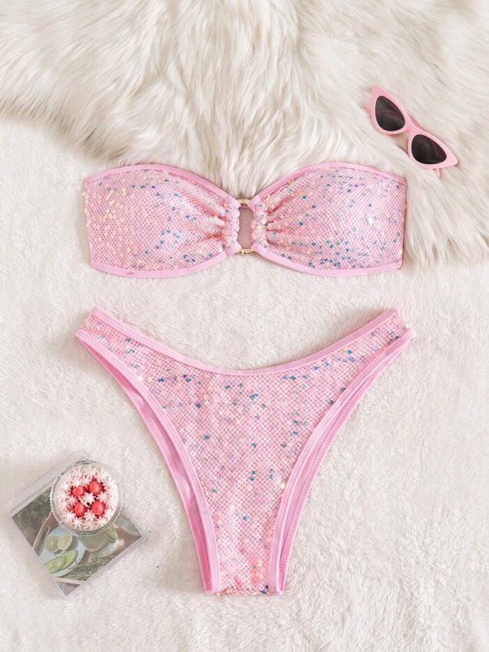 Swim SXY Women's Solid Color Sequin Bandeau Tie-Up Bowknot Top & Beach Vacation Bikini Se - Image 5