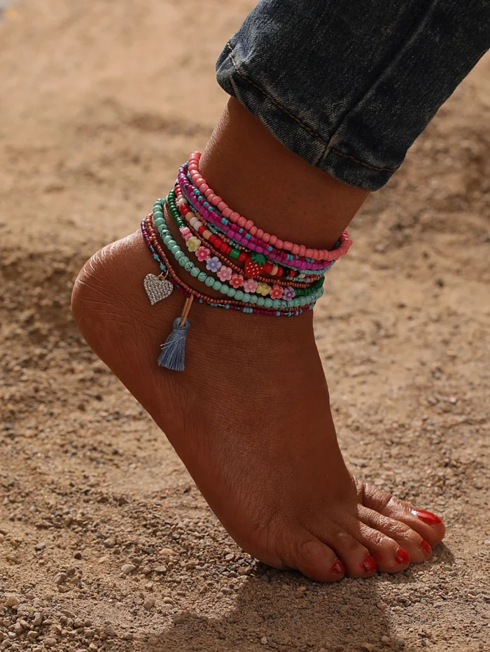 12pcs Random Heart & Tassel Charm Beaded Anklet