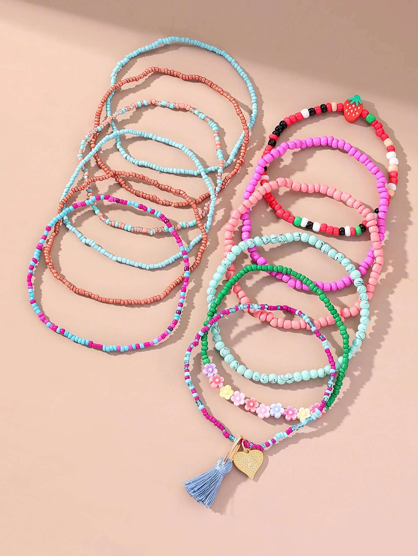 12pcs Random Heart & Tassel Charm Beaded Anklet - Image 2