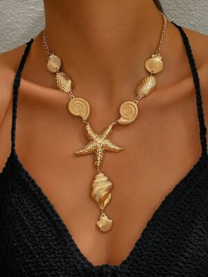 1pc Metal Fashion Ocean Series Shell, Seashell, Starfish Pendant Necklace