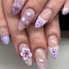 24pcs French Purple Fake Nails 3D Flowers Press On Nails Polka Dots Nails Art Short Almond Shape Press On Nails Manicure