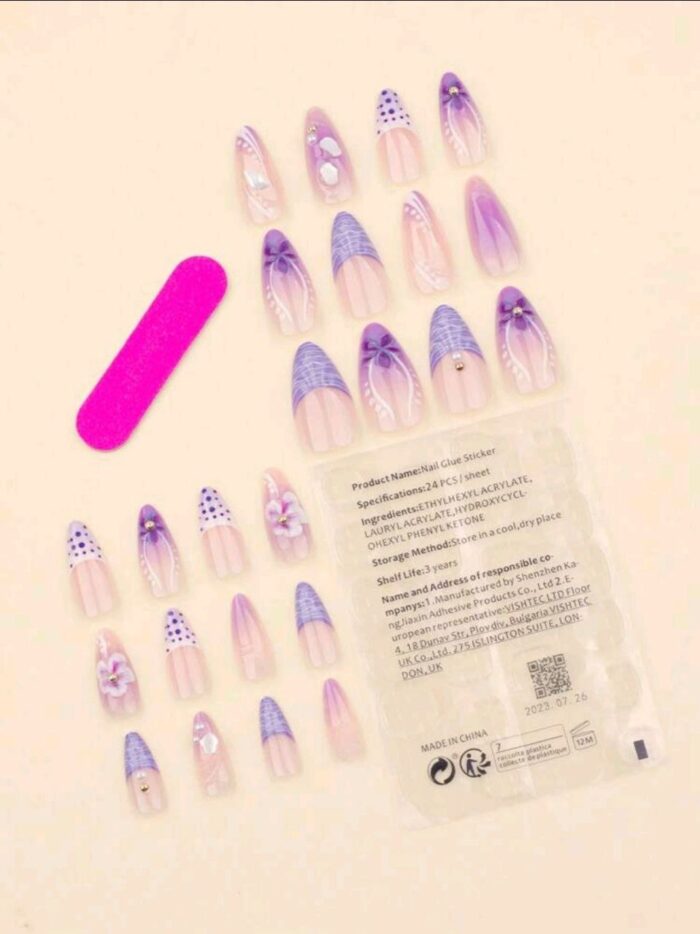 24pcs French Purple Fake Nails 3D Flowers Press On Nails Polka Dots Nails Art Short Almond Shape Press On Nails Manicure - Image 2