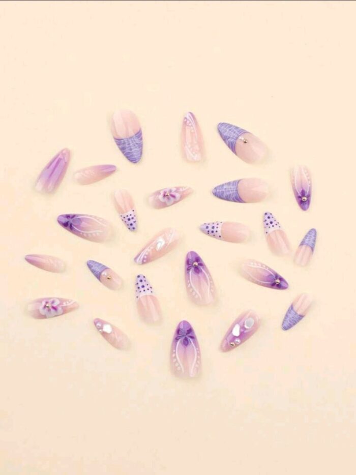 24pcs French Purple Fake Nails 3D Flowers Press On Nails Polka Dots Nails Art Short Almond Shape Press On Nails Manicure - Image 3
