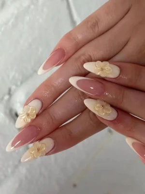 30pcs Medium-Long Almond-Shaped French Romantic 3D Flower False Nail Tips Set