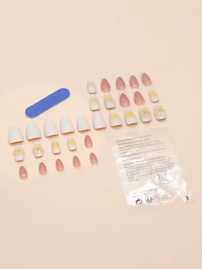 30pcs Medium-Long Almond-Shaped French Romantic 3D Flower False Nail Tips Set - Image 2
