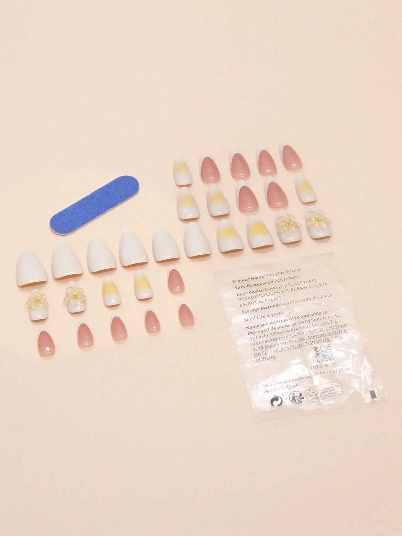 30pcs Medium-Long Almond-Shaped French Romantic 3D Flower False Nail Tips Set - Image 2