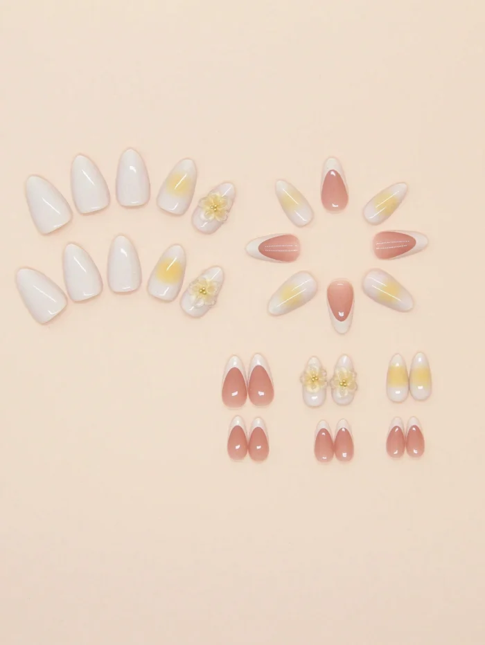 30pcs Medium-Long Almond-Shaped French Romantic 3D Flower False Nail Tips Set - Image 3