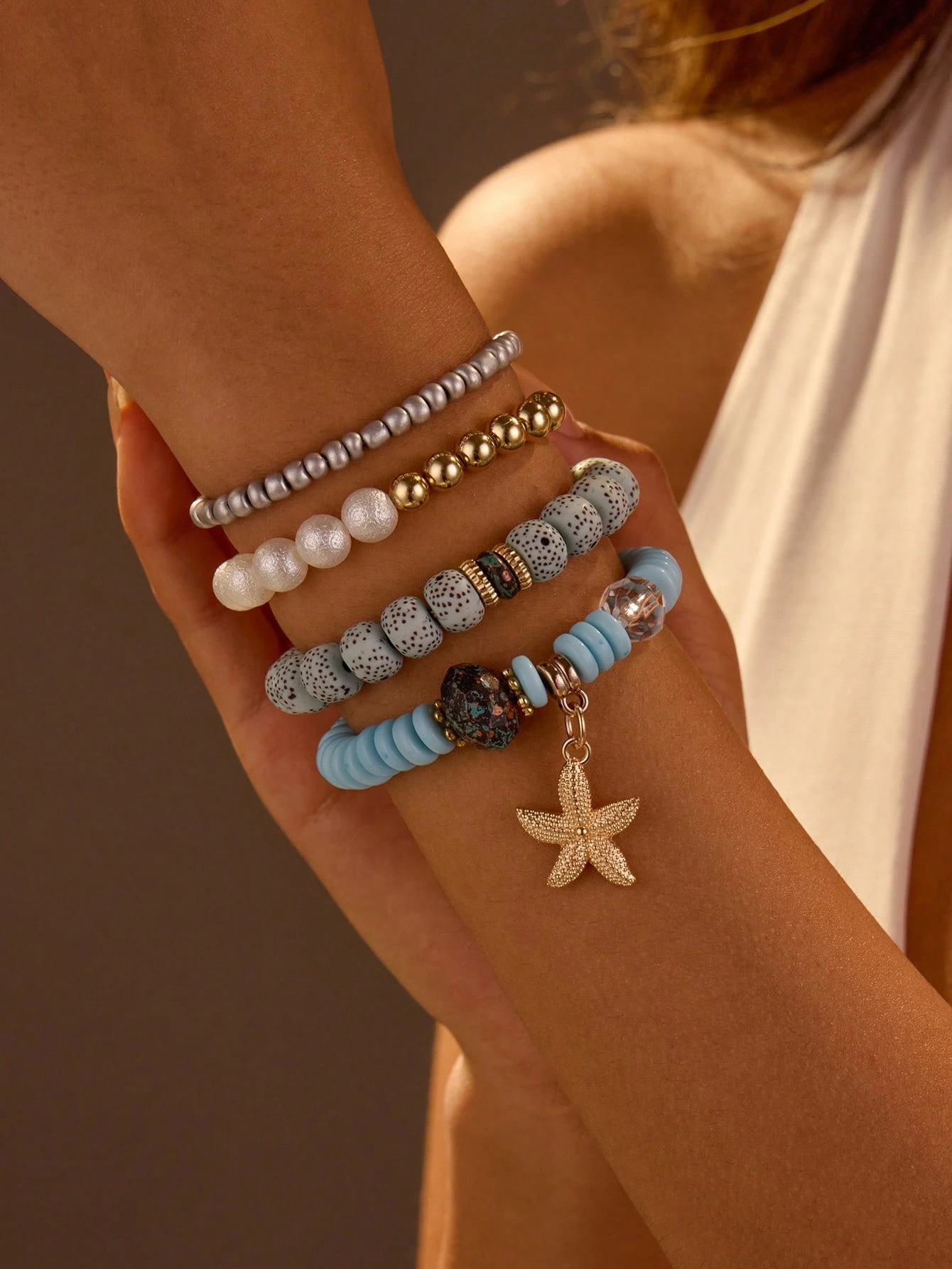4pcs Women's Bohemian Style Ocean Element Natural Stone Beaded Starfish Decor Bracelets