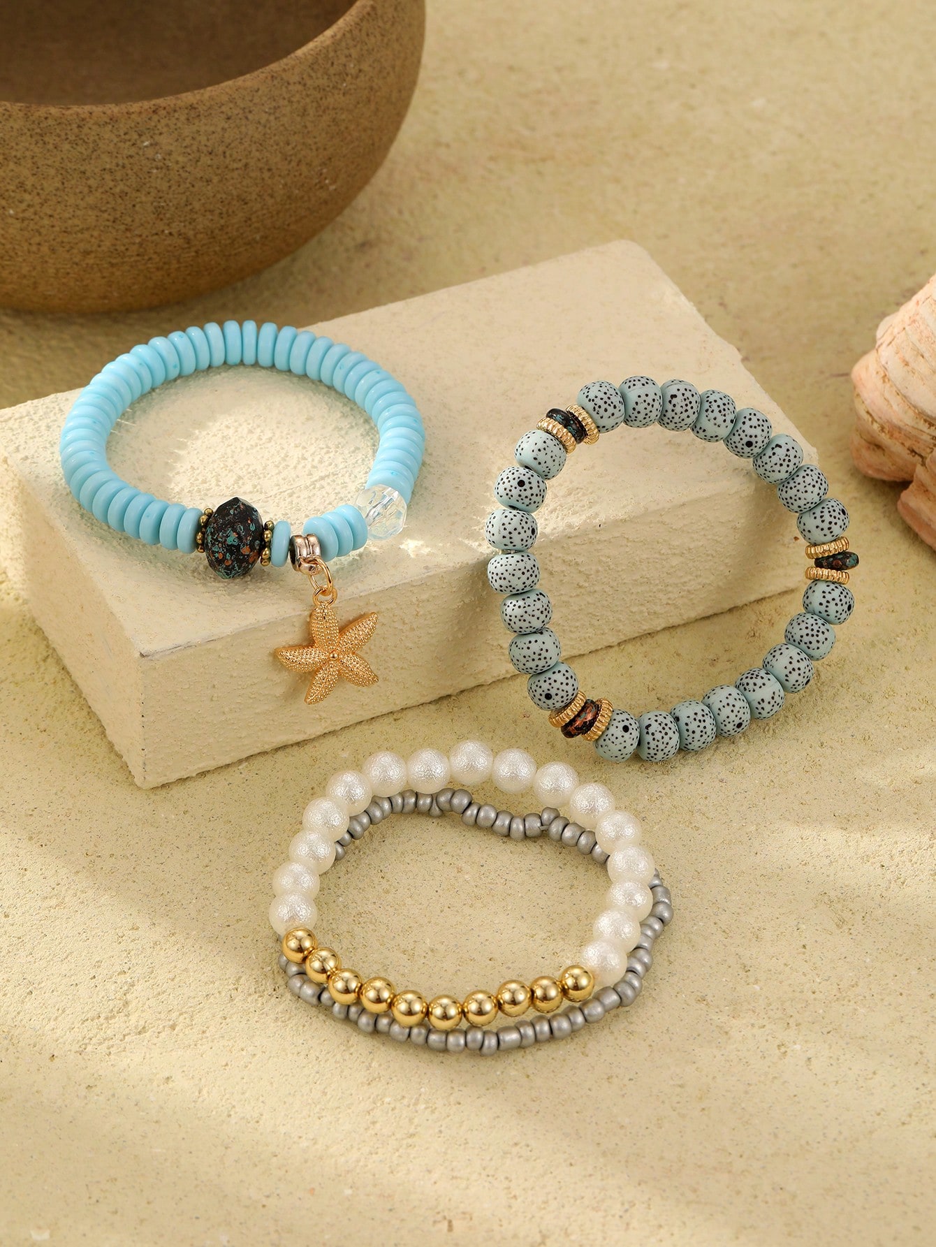 4pcs Women's Bohemian Style Ocean Element Natural Stone Beaded Starfish Decor Bracelets - Image 2