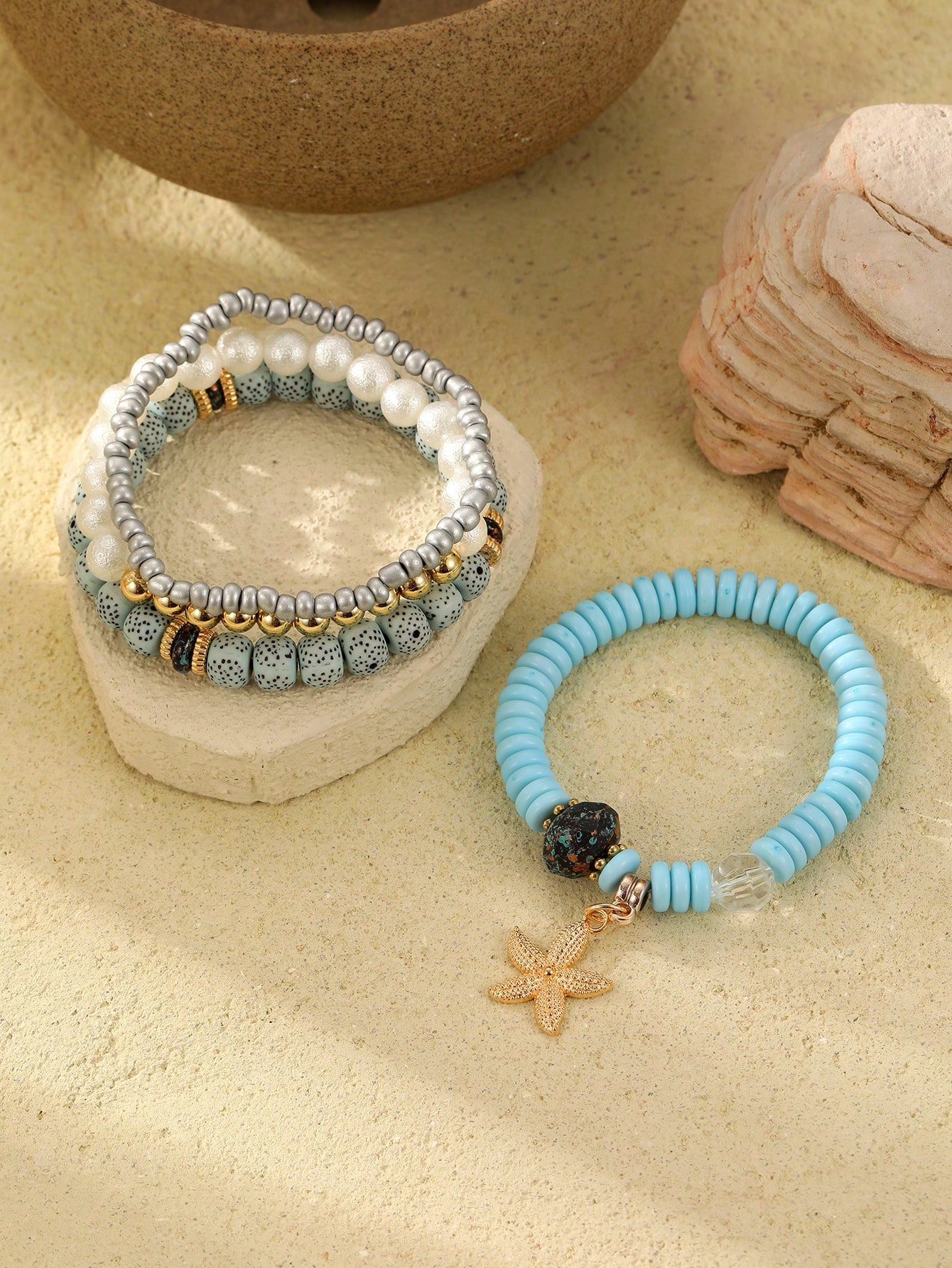 4pcs Women's Bohemian Style Ocean Element Natural Stone Beaded Starfish Decor Bracelets - Image 3