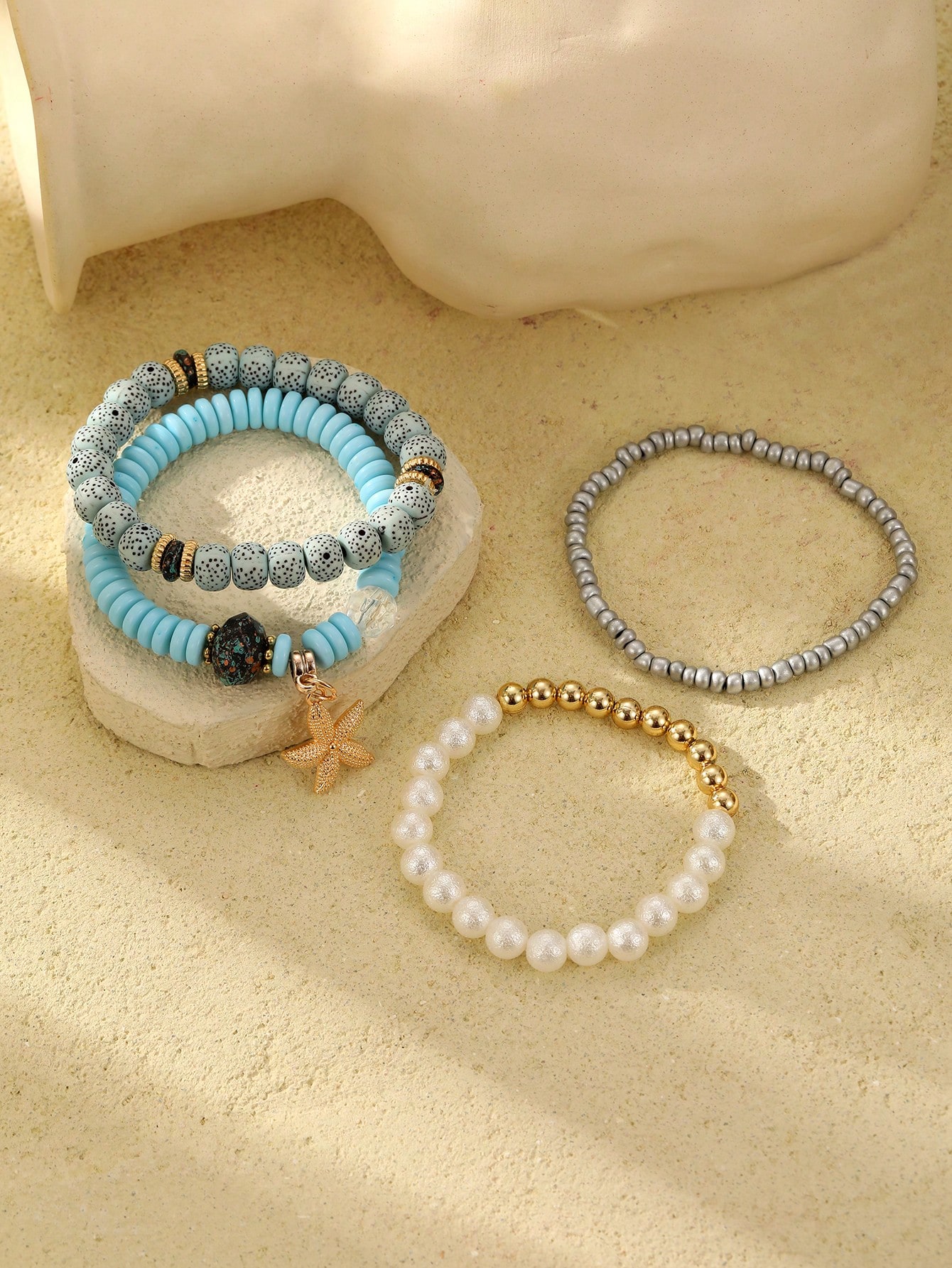 4pcs Women's Bohemian Style Ocean Element Natural Stone Beaded Starfish Decor Bracelets - Image 4