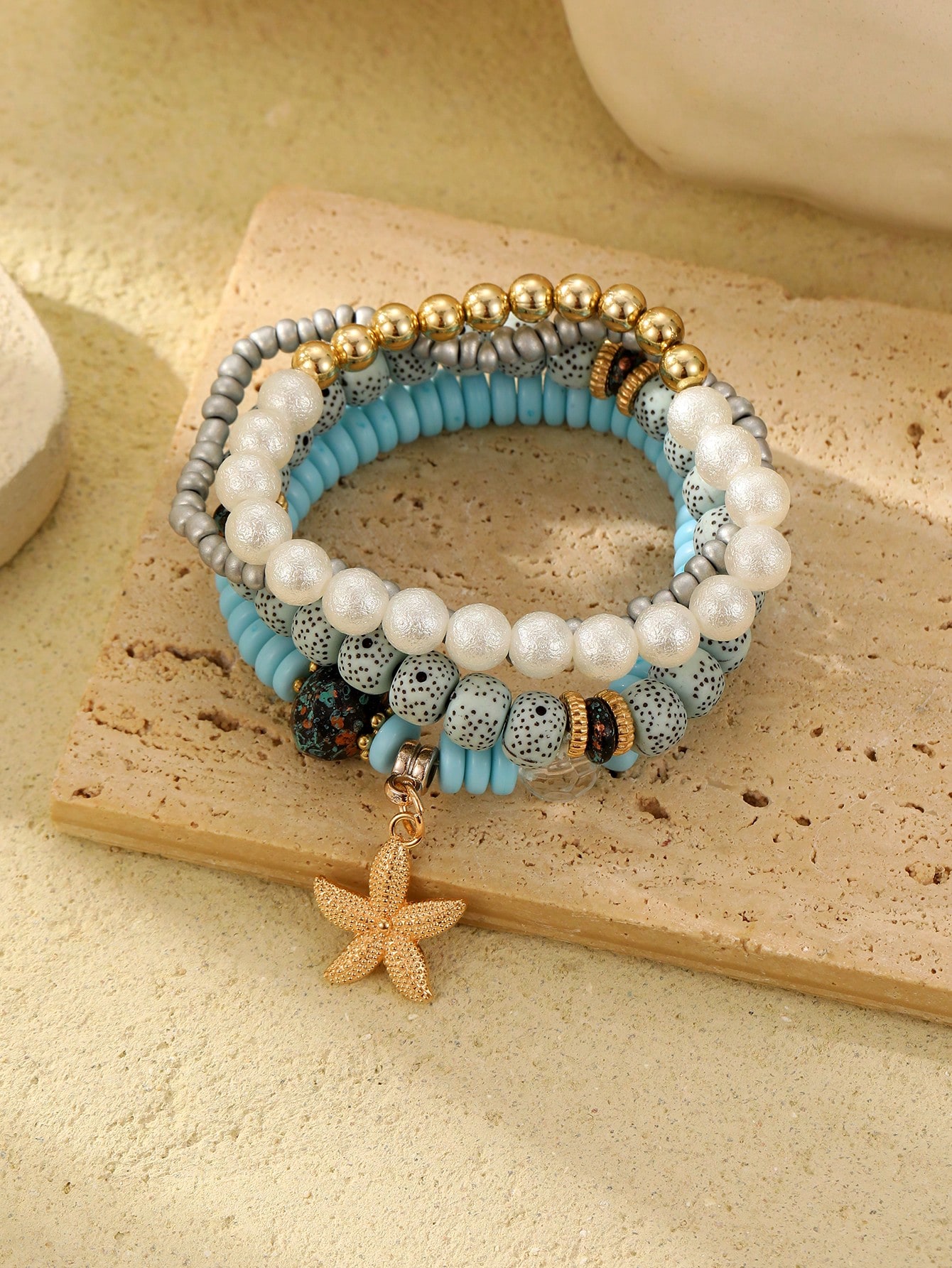 4pcs Women's Bohemian Style Ocean Element Natural Stone Beaded Starfish Decor Bracelets - Image 6