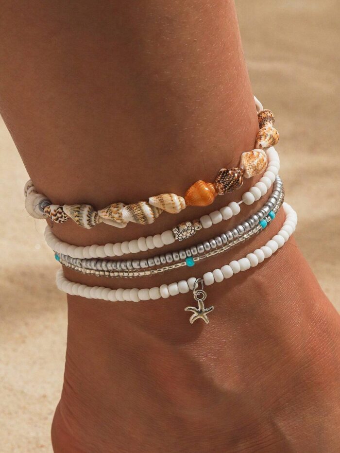 5pcs Simple Glass Beads Anklet Set With Starfish