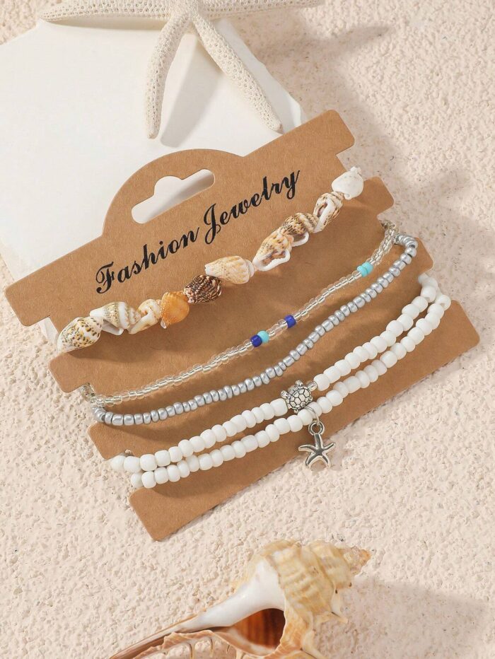 5pcs Simple Glass Beads Anklet Set With Starfish - Image 2