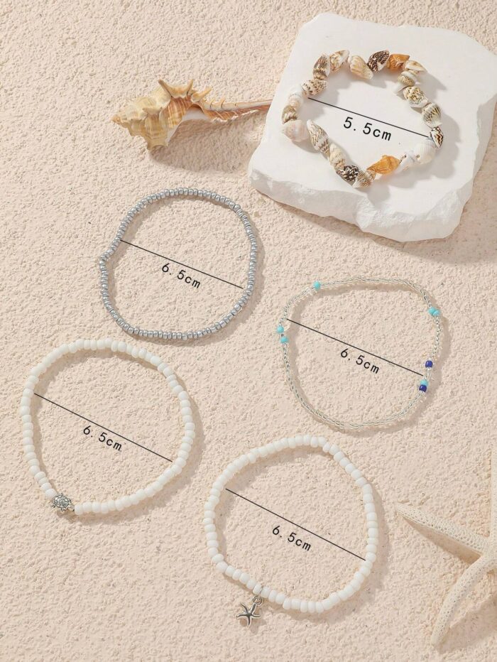 5pcs Simple Glass Beads Anklet Set With Starfish - Image 3