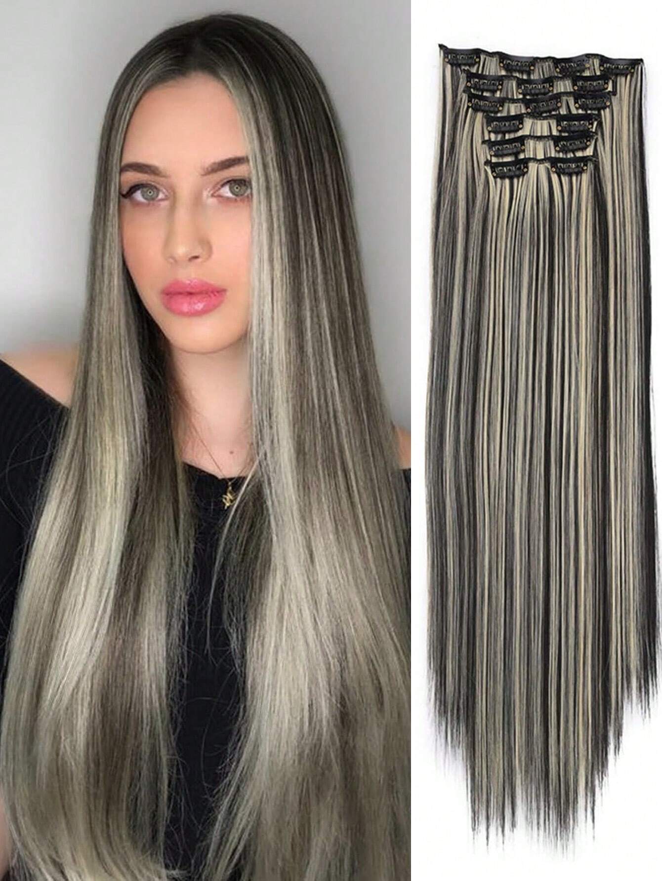 6 Pieces/Set 16 Clip Hair Extensions Black Long Straight Hair Natural Gradual Change Wig Heat Resistant Fiber