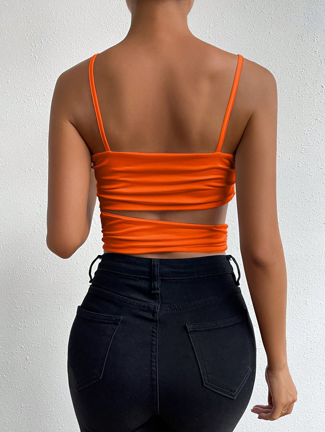 Allurite Women Solid Cutout Ruched Hem Slim Fit Camisole Tank Top - Image 2