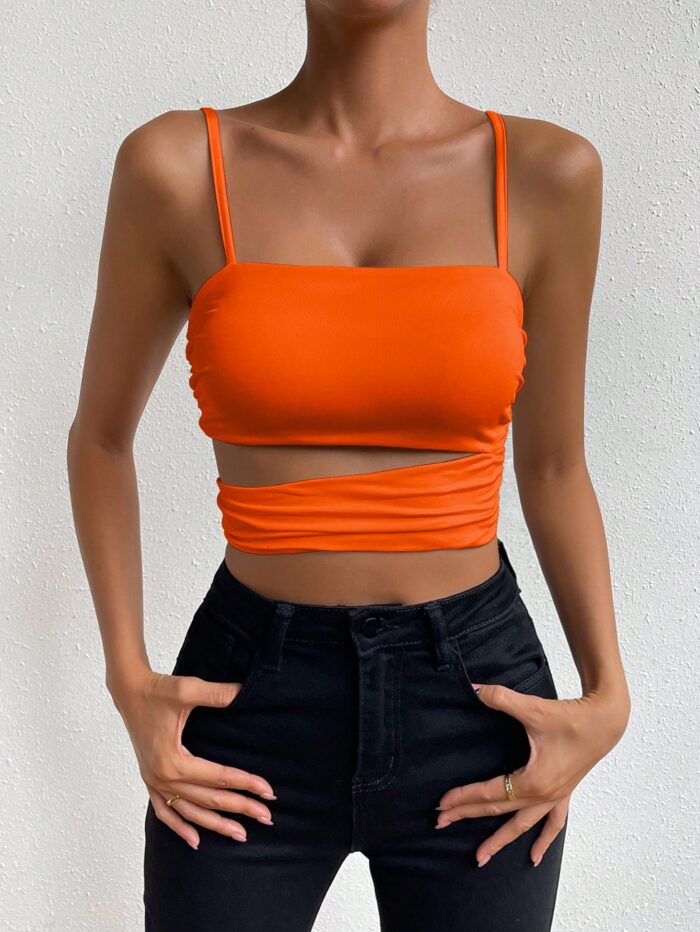 Allurite Women Solid Cutout Ruched Hem Slim Fit Camisole Tank Top - Image 4