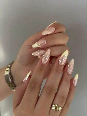 24pcs Y2K Style Magic Silver Long Almond 3D Gelnail Makes Yellow French Tip Press On Nails Long, Glitter With Rhinestone Design Fit Perfectly Acrylic False Nail Se