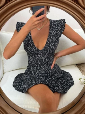 Chiquease Plunging Neck Ruffle Hem Ditsy Floral Dress