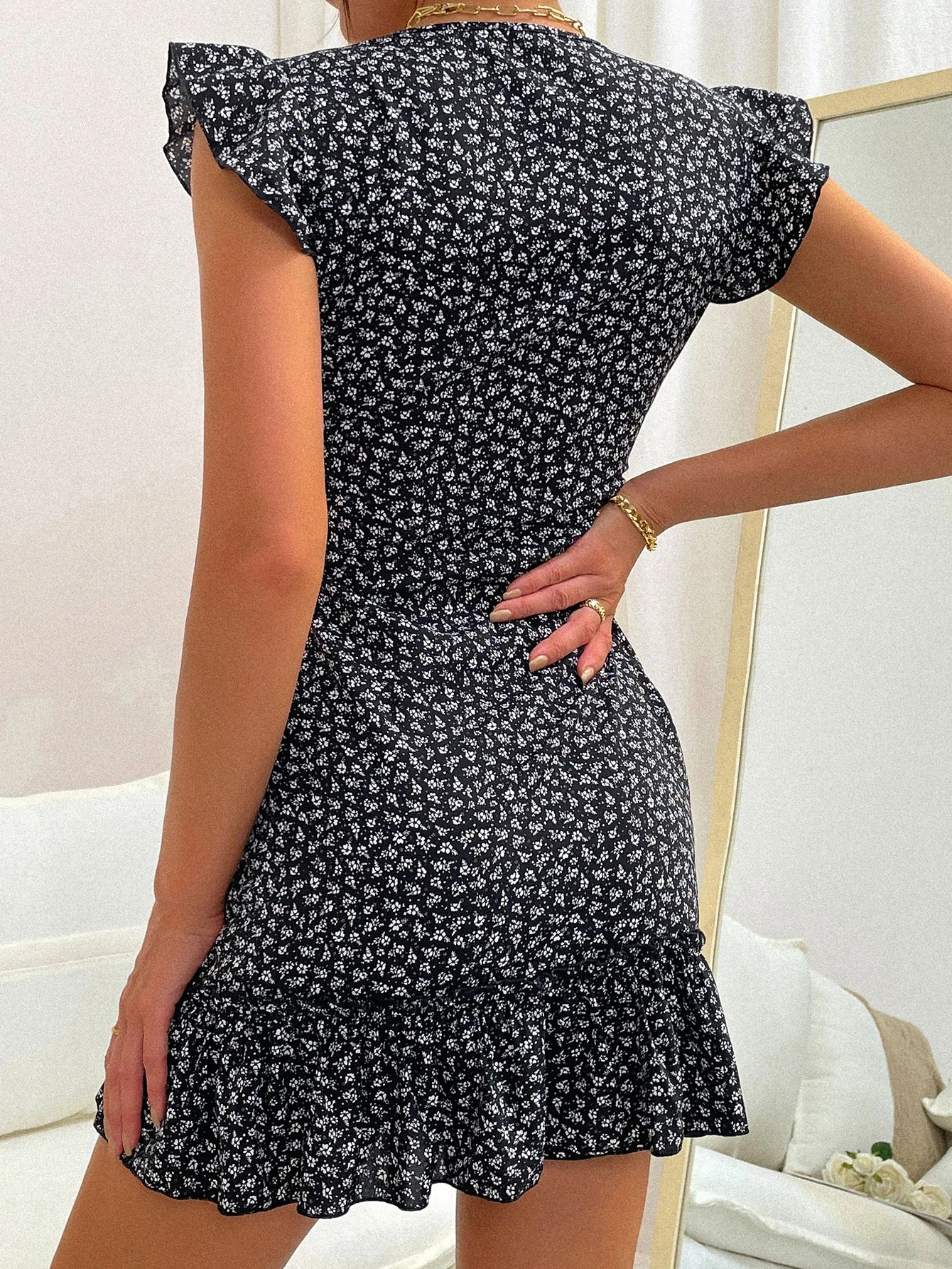Chiquease Plunging Neck Ruffle Hem Ditsy Floral Dress - Image 2