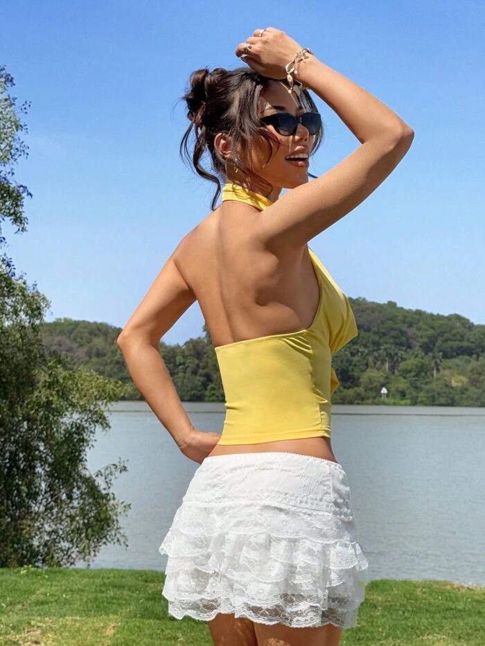 SHEIN EZwear Yellow Knitted Women's Halter Neck Tank Top - Image 2