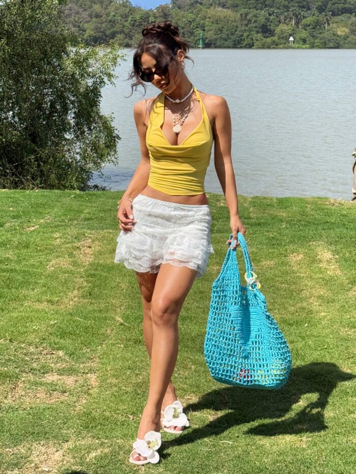 SHEIN EZwear Yellow Knitted Women's Halter Neck Tank Top - Image 3