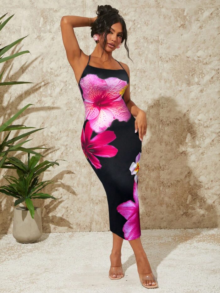 SHEIN SXY Summer Vacation Holiday Beach Rainforest Women's Tight-Fit Long Dress