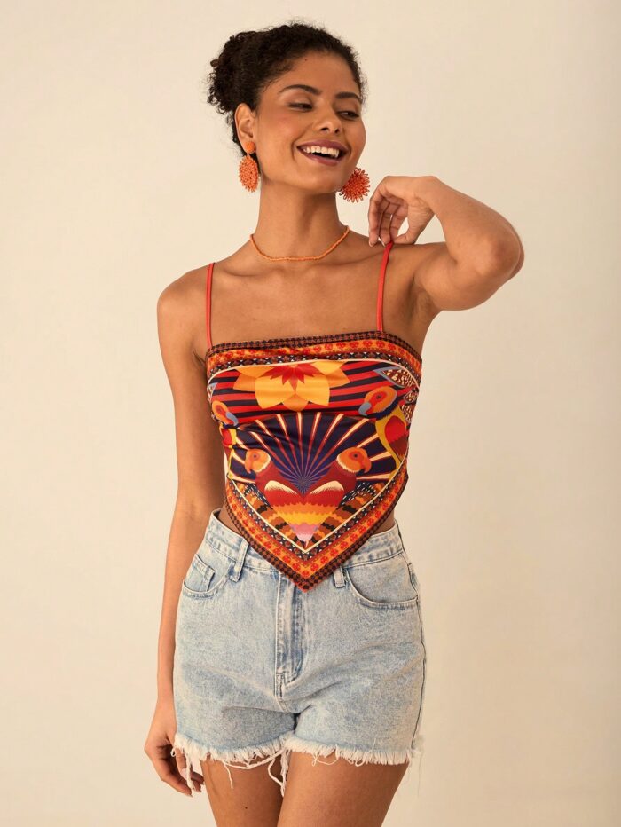 SHEIN VCAY Women's Vacation Style Striped & Floral Asymmetrical Hem Sleeveless Cami Top