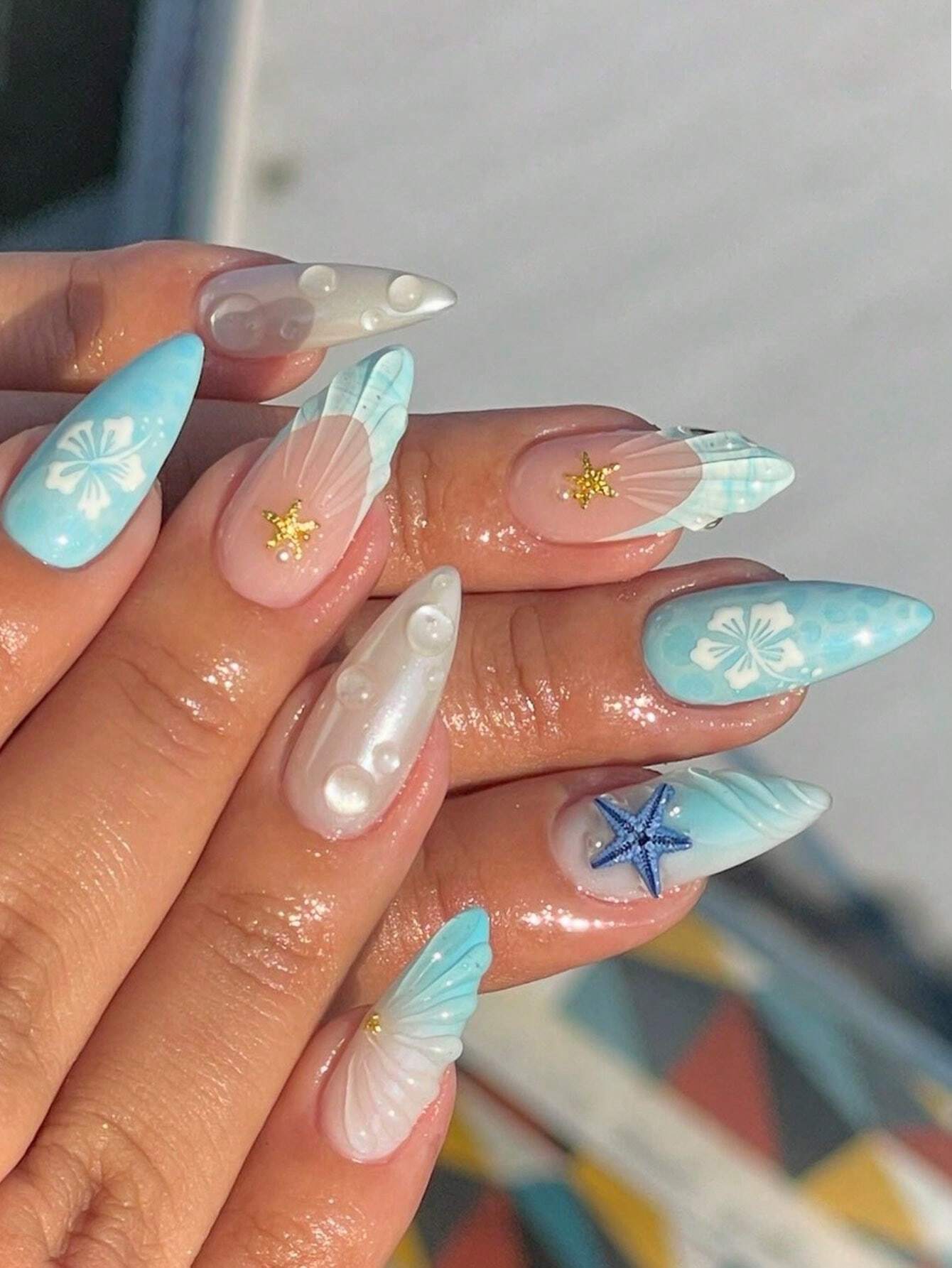 24pcs/Set Almond-Shaped French Elegant 3D Ocean Style Starfish Waterdrop Flower Decor Full Coverage Press-On Nails