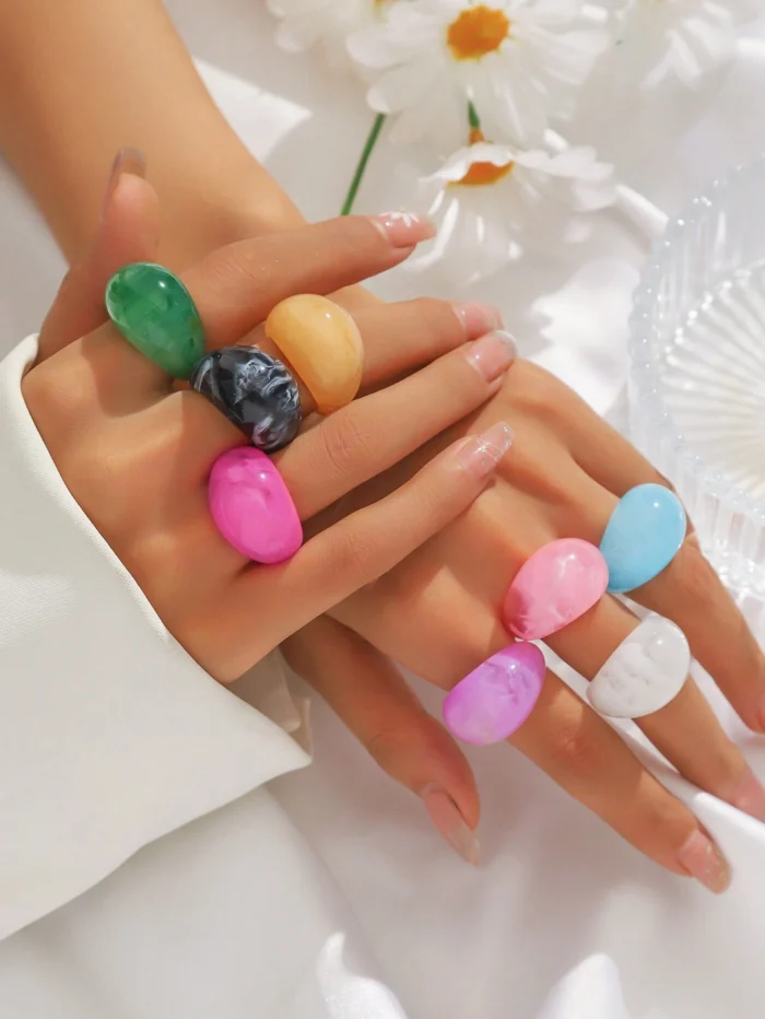 8pcs Set Exaggeration Colorful Resin Rings