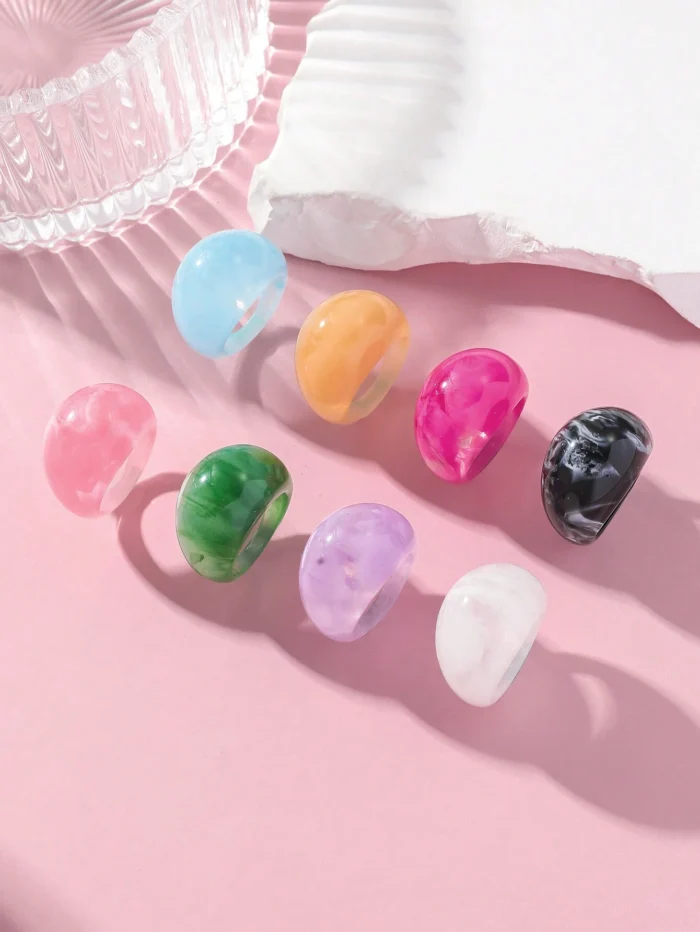 8pcs Set Exaggeration Colorful Resin Rings - Image 2